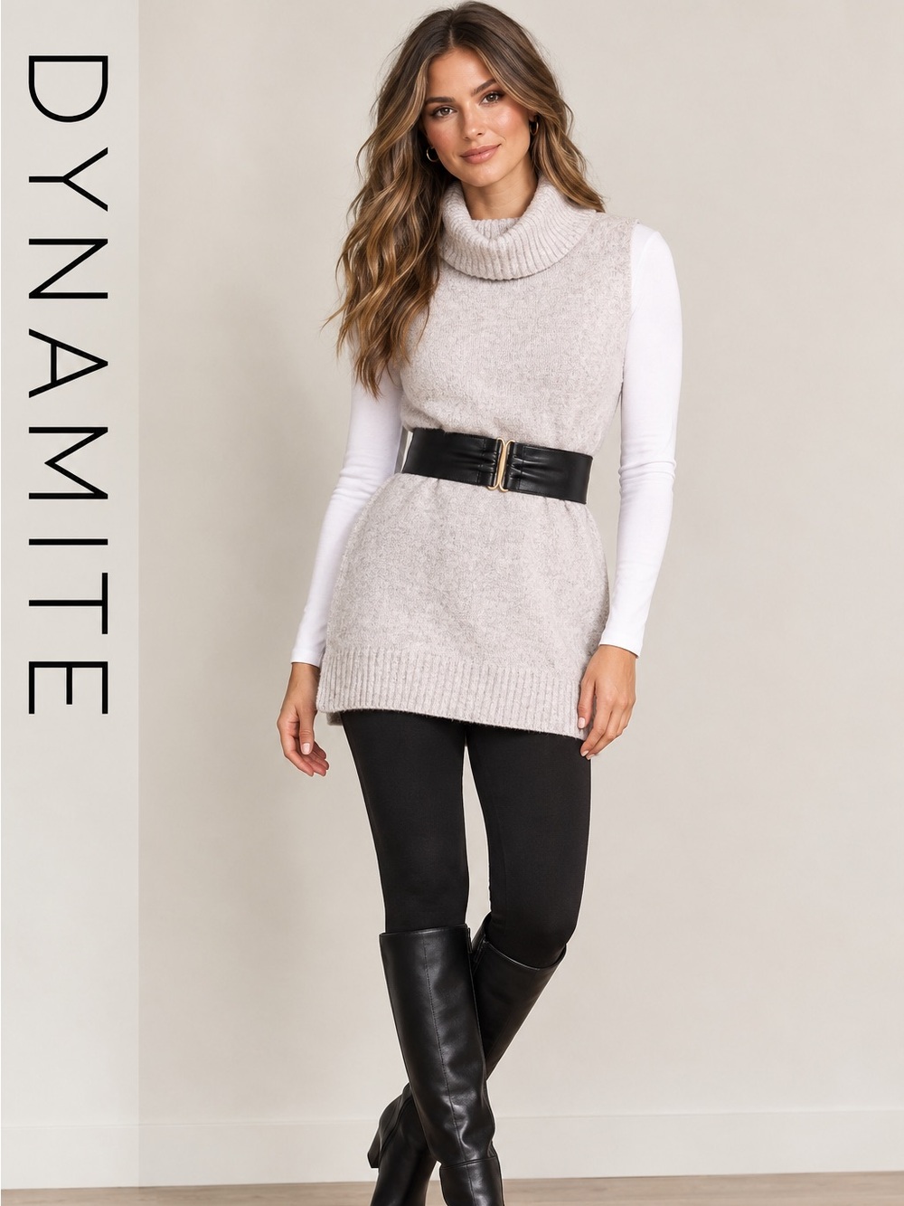 DYNAMITE Sleeveless Cowl Neck Tunic Sweater - Cream Beige